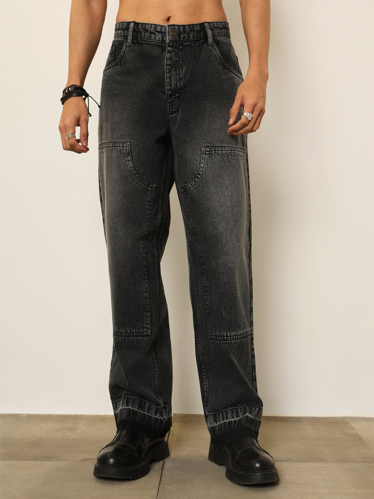 Black Washed Frayed-Hem Relax Fit Carpenter Jeans-MASCLN SASSAFRAS