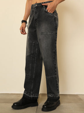 Black Washed Frayed-Hem Relax Fit Carpenter Jeans-MASCLN SASSAFRAS