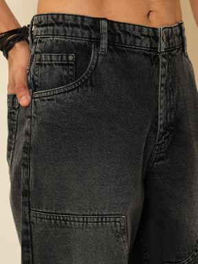 Black Washed Frayed-Hem Relax Fit Carpenter Jeans-MASCLN SASSAFRAS