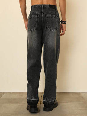 Black Washed Frayed-Hem Relax Fit Carpenter Jeans-MASCLN SASSAFRAS