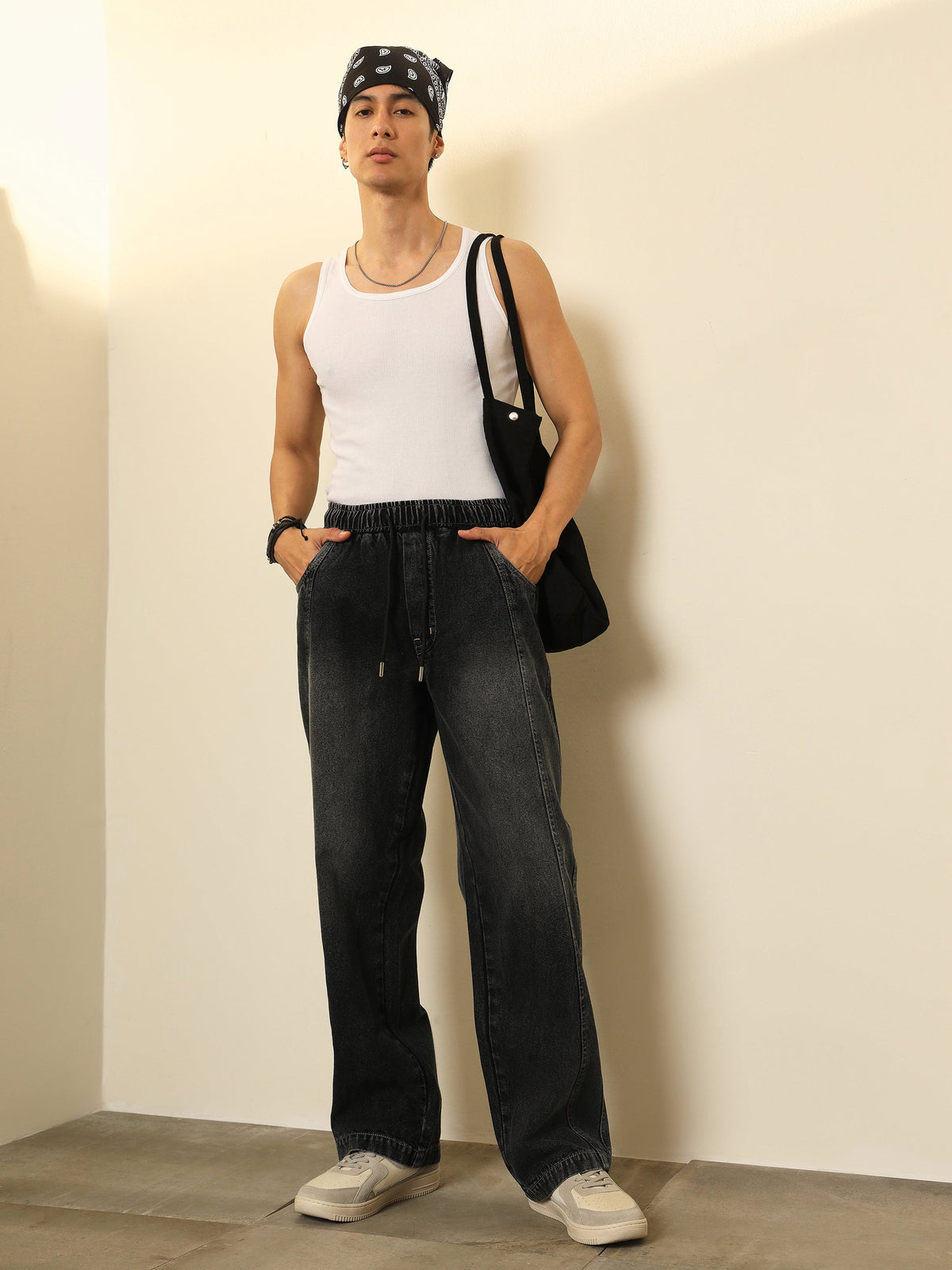 Black Washed Seam-Detail Relax Fit Jogger Jeans-MASCLN SASSAFRAS