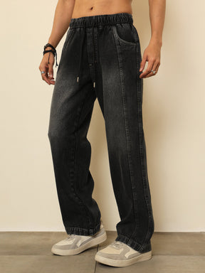 Black Washed Seam-Detail Relax Fit Jogger Jeans-MASCLN SASSAFRAS