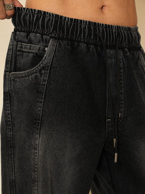 Black Washed Seam-Detail Relax Fit Jogger Jeans-MASCLN SASSAFRAS