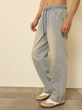 Men Light Blue Seam-Detail Relax Fit Jogger Jeans
