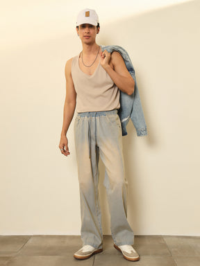 Men Light Blue Seam-Detail Relax Fit Jogger Jeans