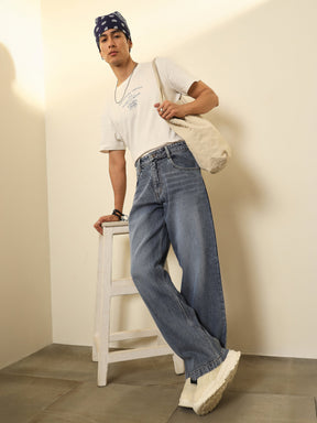 Blue Whisker Wash Basic Relax Fit Jeans-MASCLN SASSAFRAS