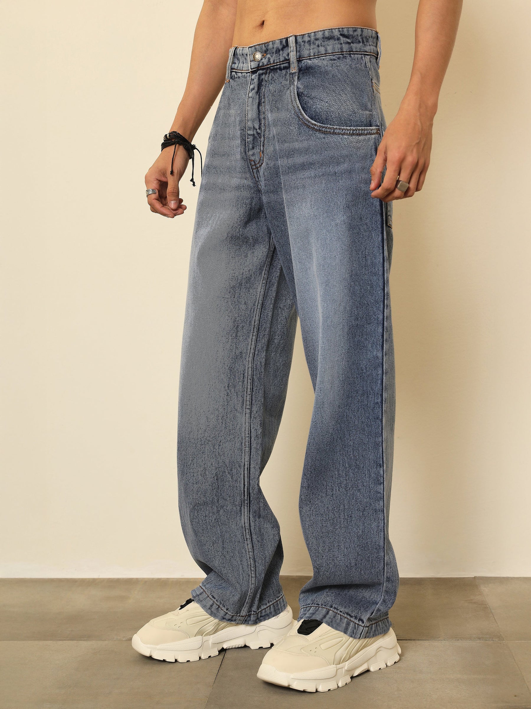Blue Whisker Wash Basic Relax Fit Jeans-MASCLN SASSAFRAS