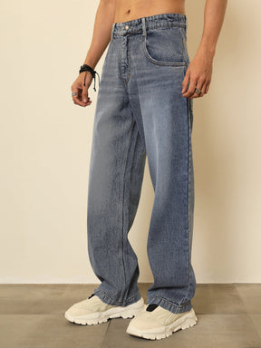 Blue Whisker Wash Basic Relax Fit Jeans-MASCLN SASSAFRAS