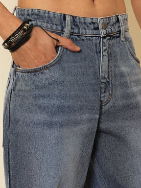 Blue Whisker Wash Basic Relax Fit Jeans-MASCLN SASSAFRAS