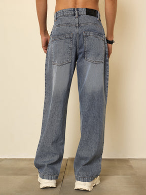 Blue Whisker Wash Basic Relax Fit Jeans-MASCLN SASSAFRAS