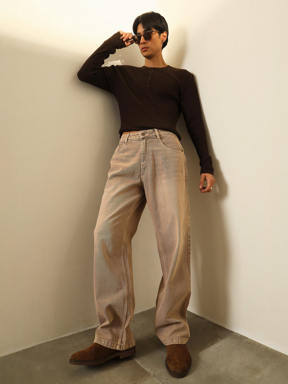 Beige Whisker Wash Basic Relax Fit Jeans-MASCLN SASSAFRAS