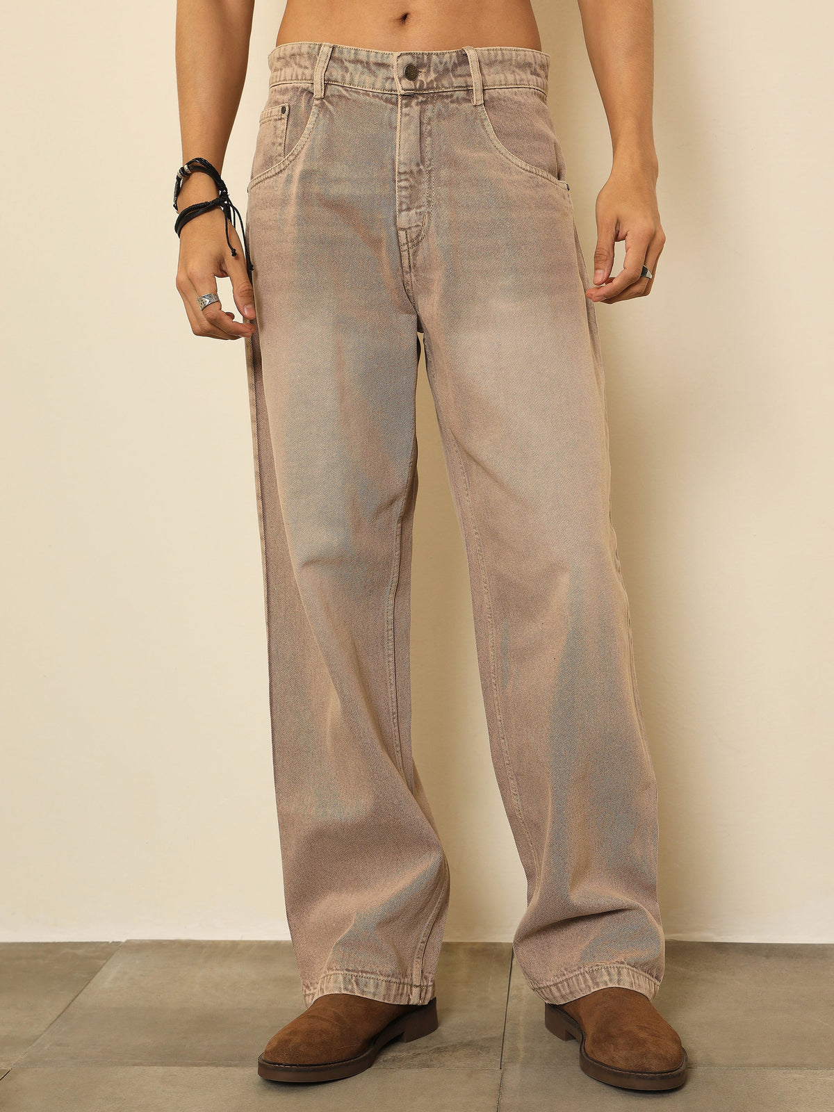 Beige Whisker Wash Basic Relax Fit Jeans-MASCLN SASSAFRAS