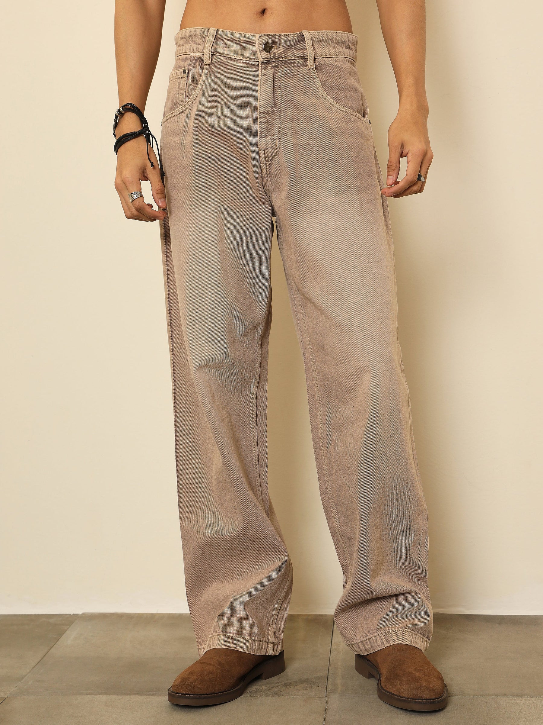 Beige Whisker Wash Basic Relax Fit Jeans-MASCLN SASSAFRAS