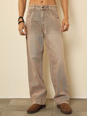 Beige Whisker Wash Basic Relax Fit Jeans-MASCLN SASSAFRAS
