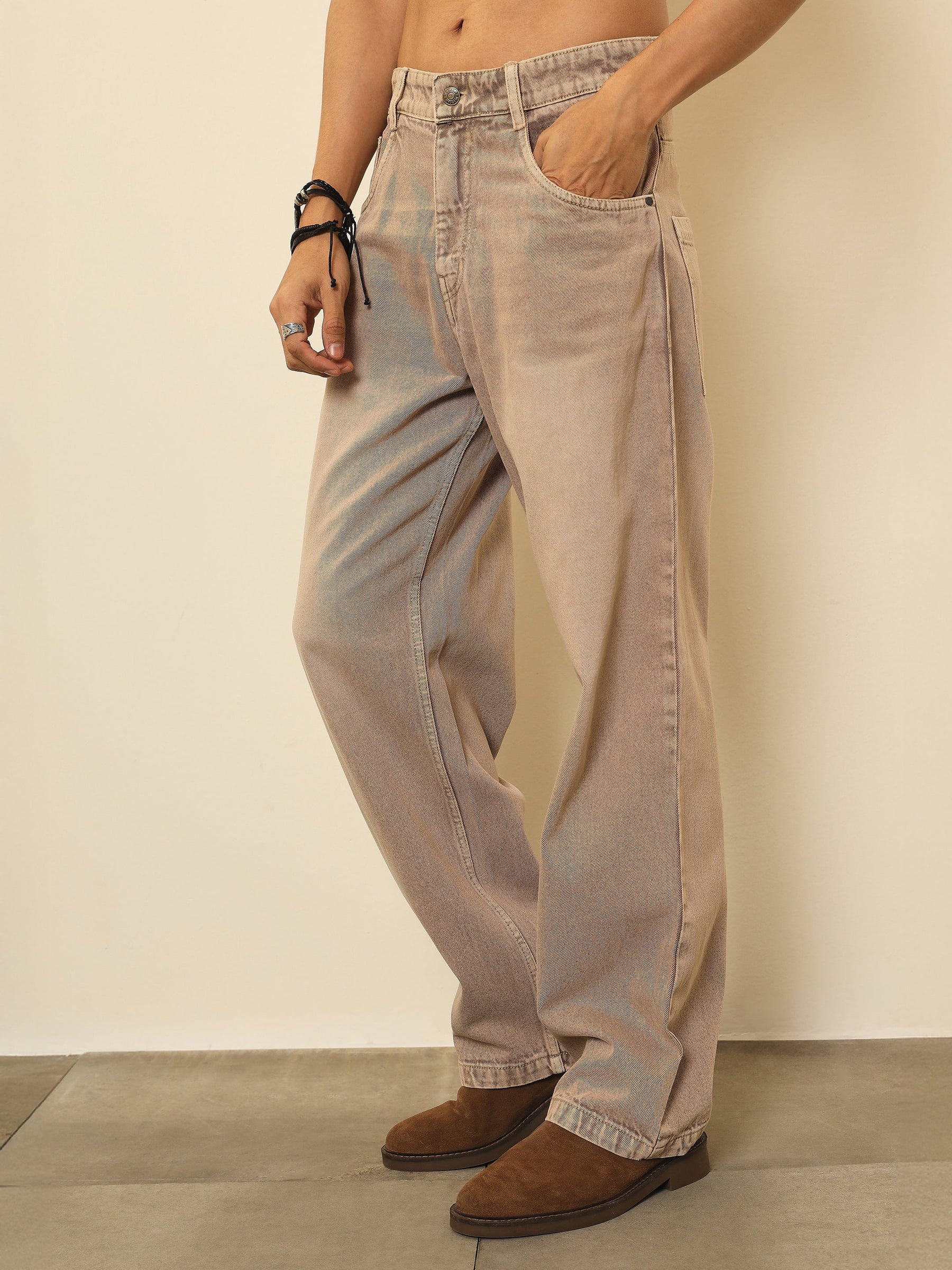 Beige Whisker Wash Basic Relax Fit Jeans-MASCLN SASSAFRAS
