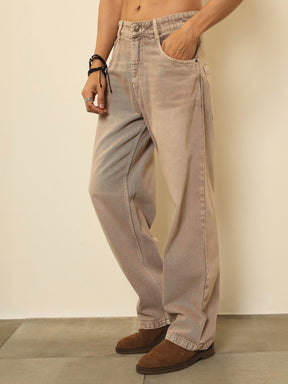 Beige Whisker Wash Basic Relax Fit Jeans-MASCLN SASSAFRAS