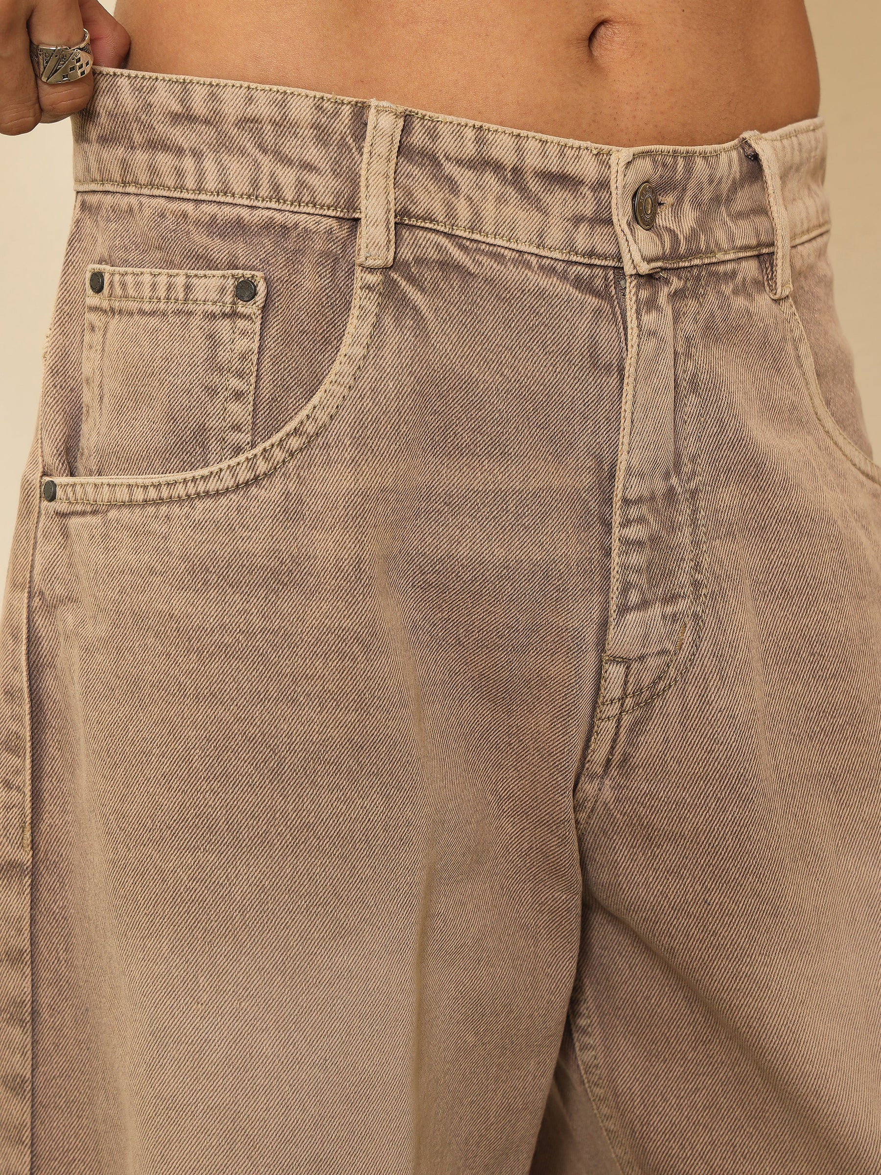 Beige Whisker Wash Basic Relax Fit Jeans-MASCLN SASSAFRAS