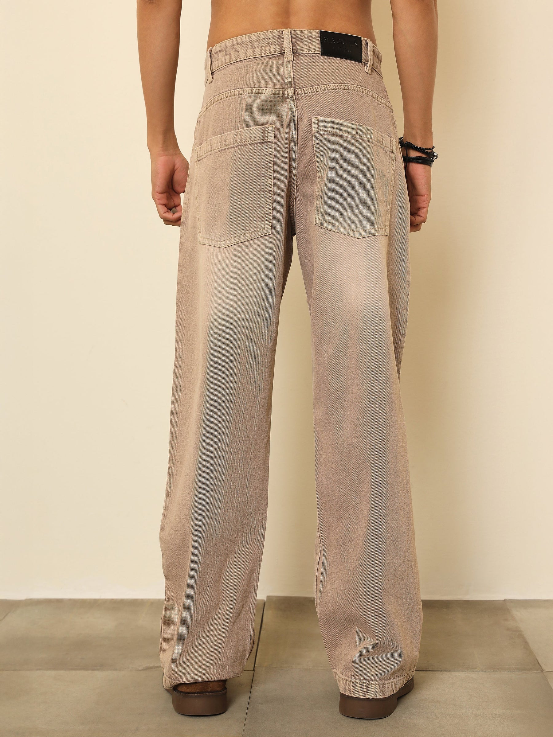 Beige Whisker Wash Basic Relax Fit Jeans-MASCLN SASSAFRAS