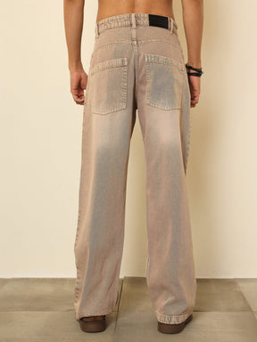 Beige Whisker Wash Basic Relax Fit Jeans-MASCLN SASSAFRAS