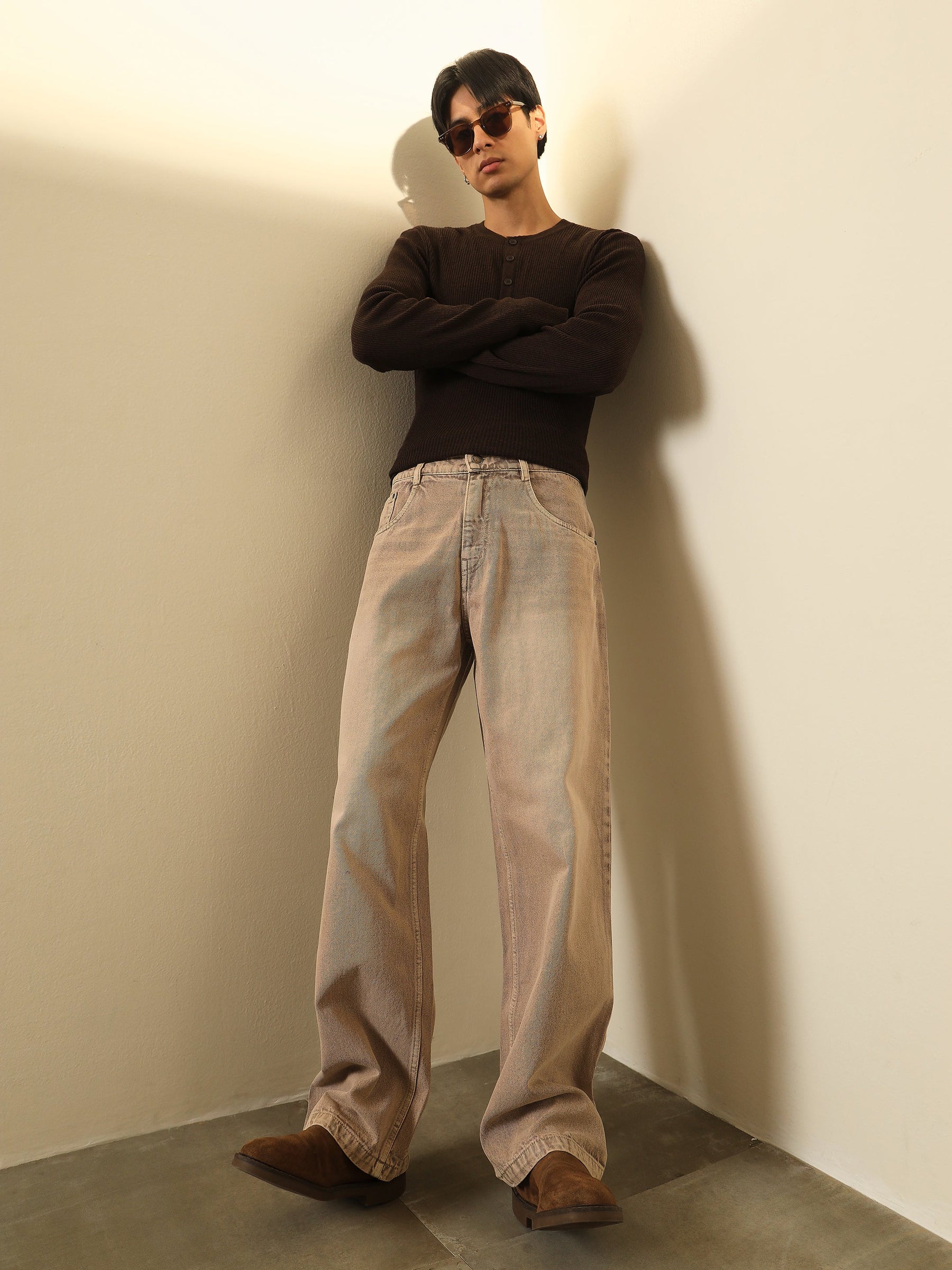 Beige Whisker Wash Basic Relax Fit Jeans-MASCLN SASSAFRAS