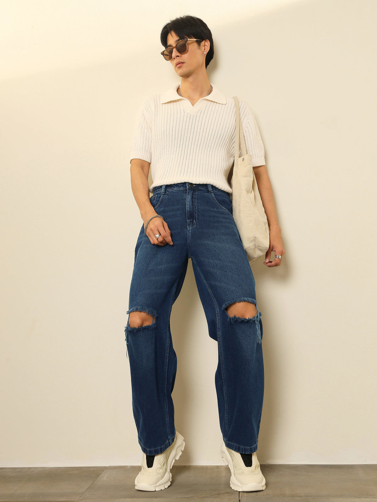 Navy Blue Washed Distressed Relax Fit Jeans-MASCLN SASSAFRAS