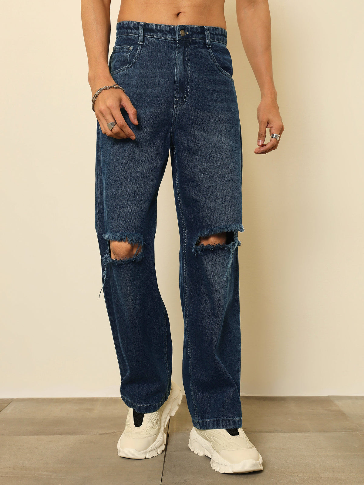 Navy Blue Washed Distressed Relax Fit Jeans-MASCLN SASSAFRAS