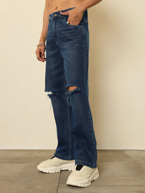 Navy Blue Washed Distressed Relax Fit Jeans-MASCLN SASSAFRAS