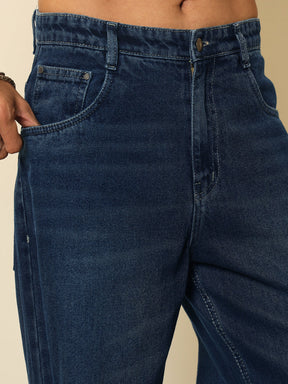Navy Blue Washed Distressed Relax Fit Jeans-MASCLN SASSAFRAS