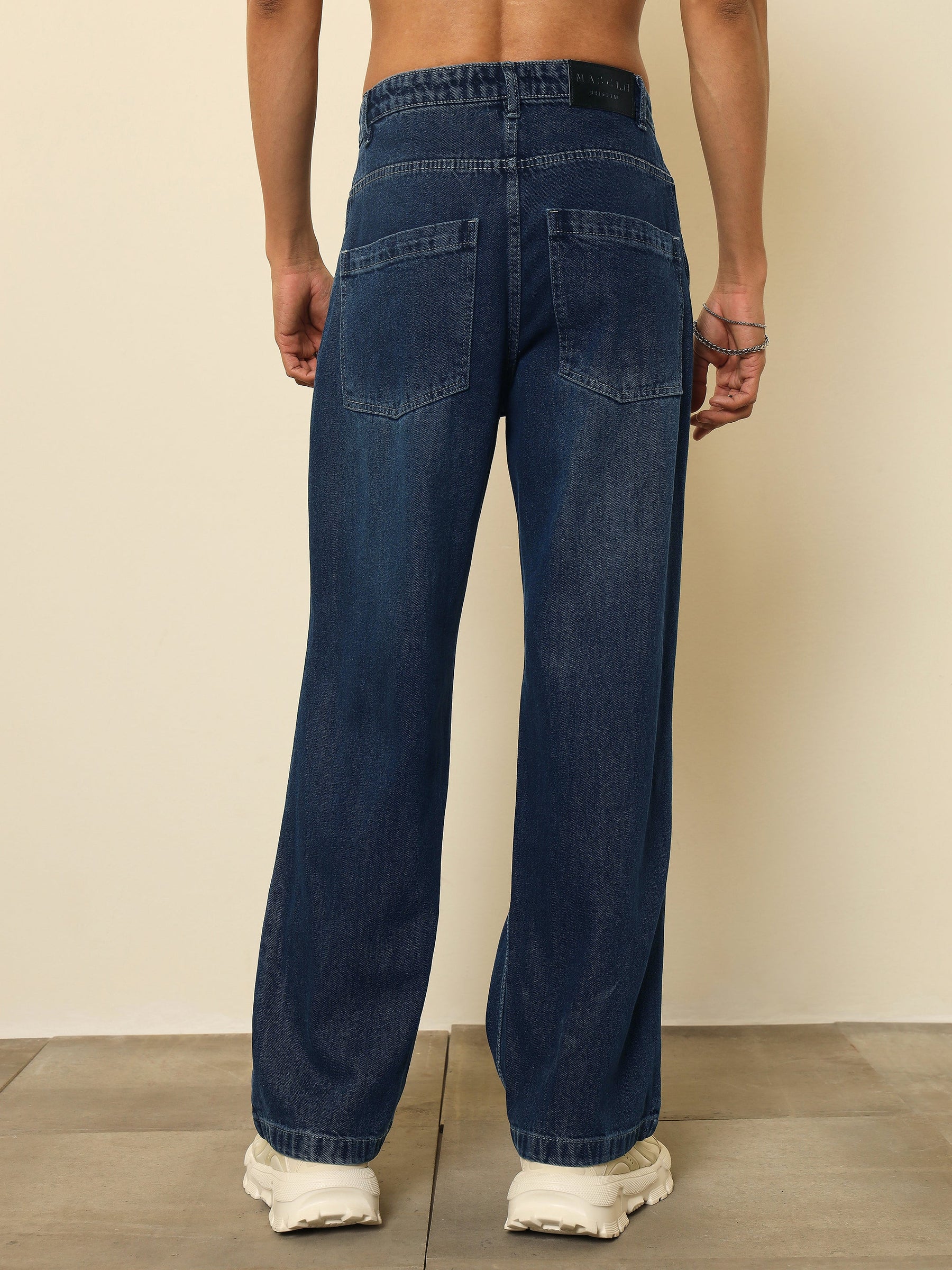 Navy Blue Washed Distressed Relax Fit Jeans-MASCLN SASSAFRAS