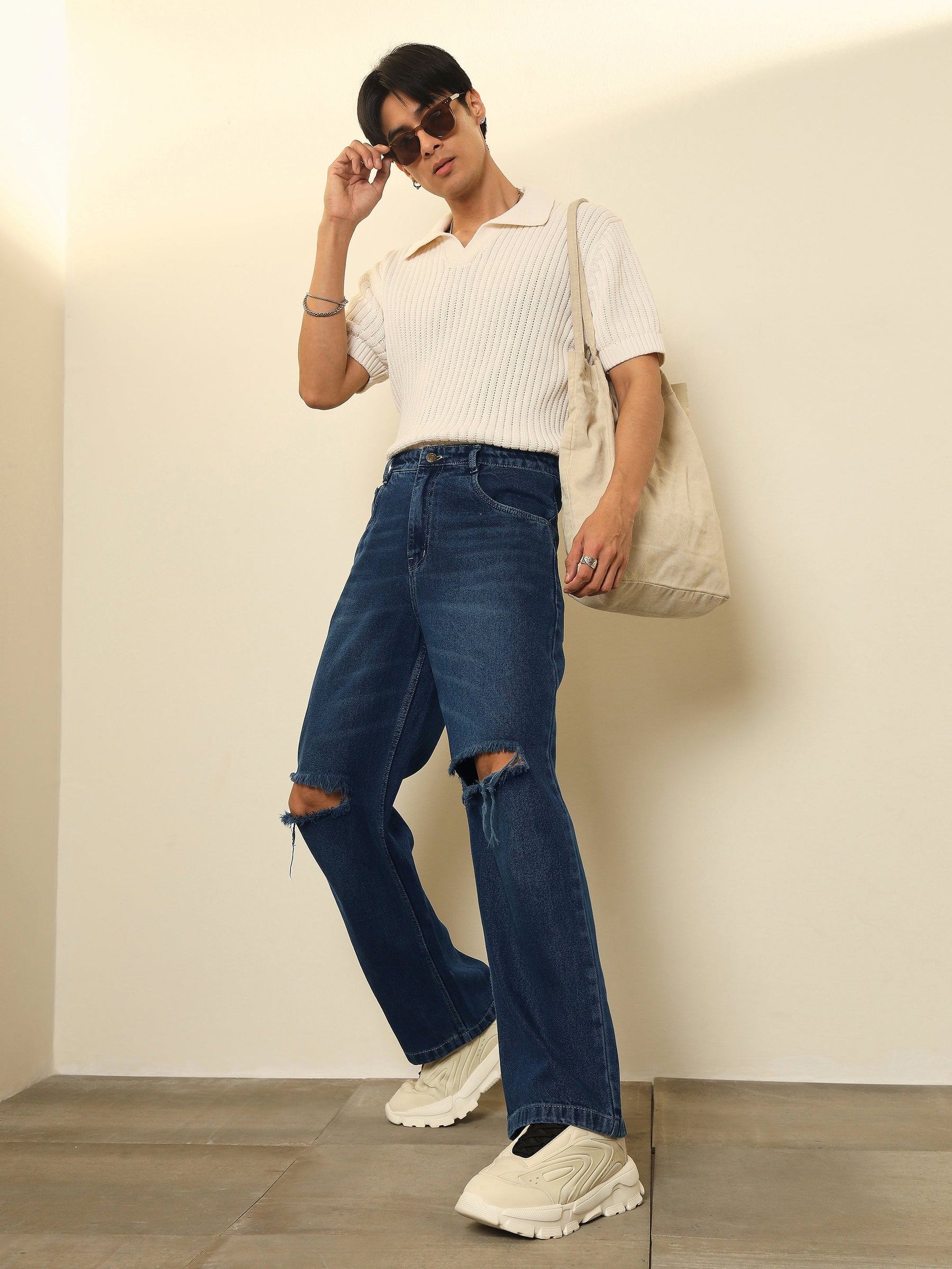 Navy Blue Washed Distressed Relax Fit Jeans-MASCLN SASSAFRAS