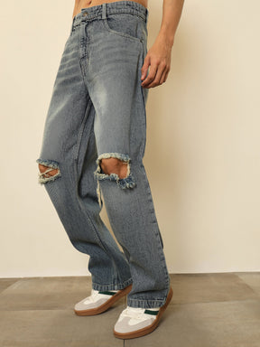 Light Blue Washed Distressed Relax Fit Jeans-MASCLN SASSAFRAS
