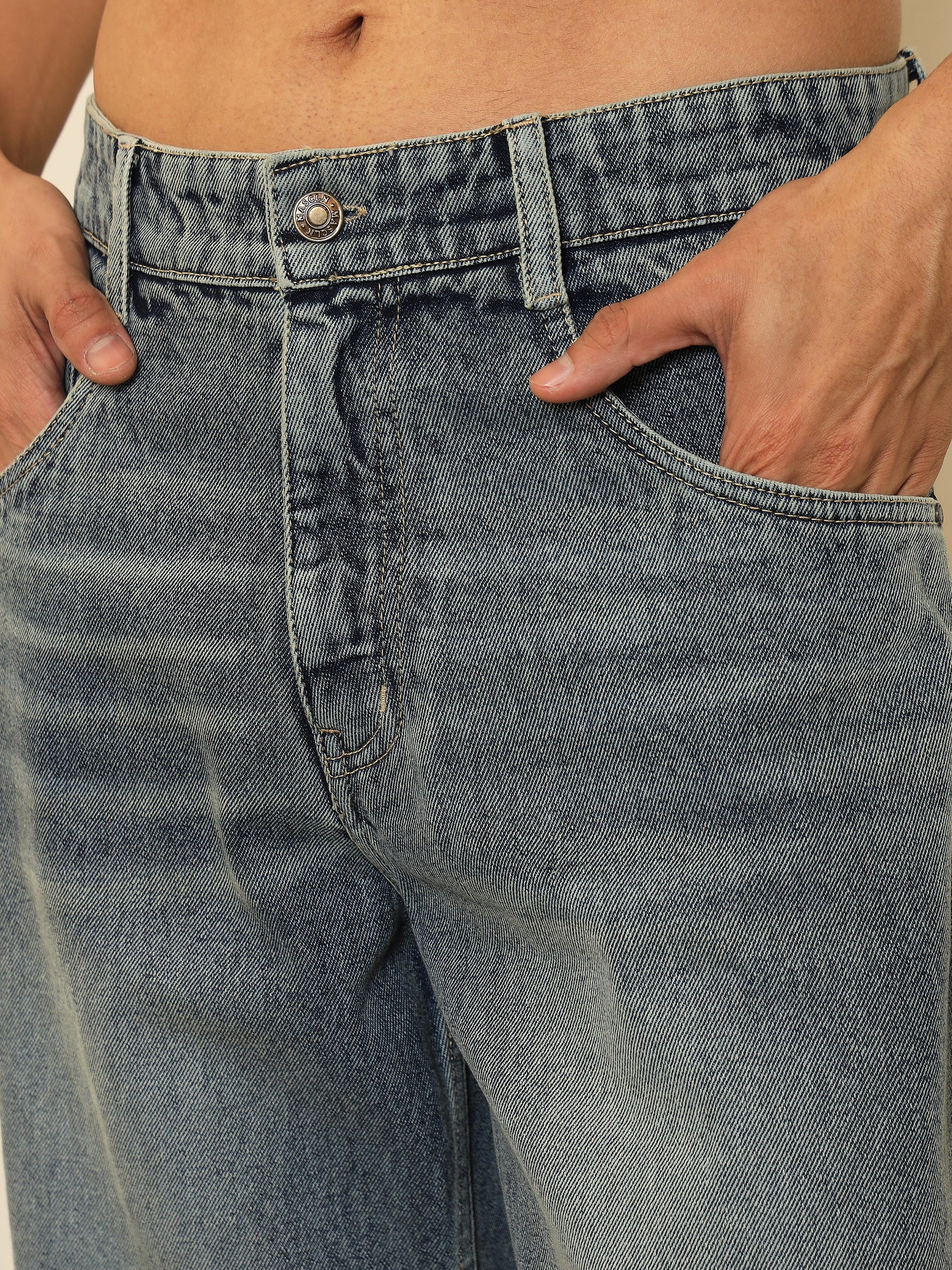 Light Blue Washed Distressed Relax Fit Jeans-MASCLN SASSAFRAS
