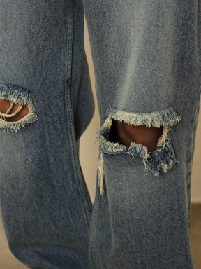 Light Blue Washed Distressed Relax Fit Jeans-MASCLN SASSAFRAS