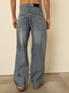 Light Blue Washed Distressed Relax Fit Jeans-MASCLN SASSAFRAS