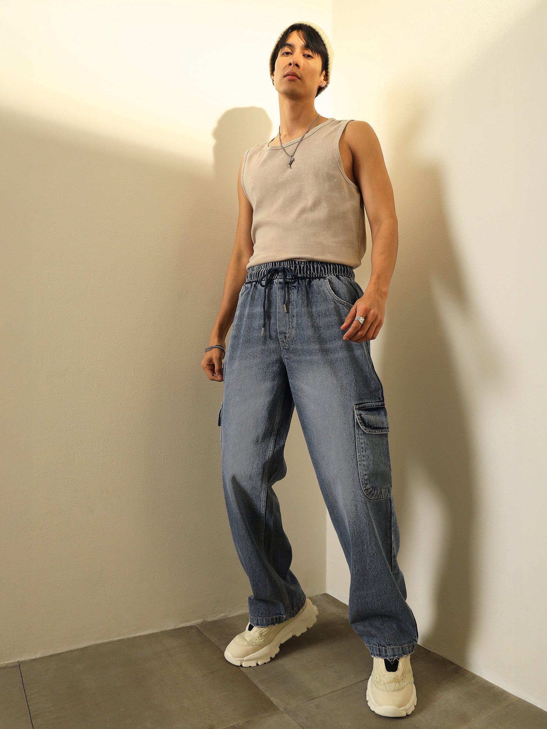 Basic Blue Cargo Pocket Relax Fit Jogger Jeans-MASCLN SASSAFRAS