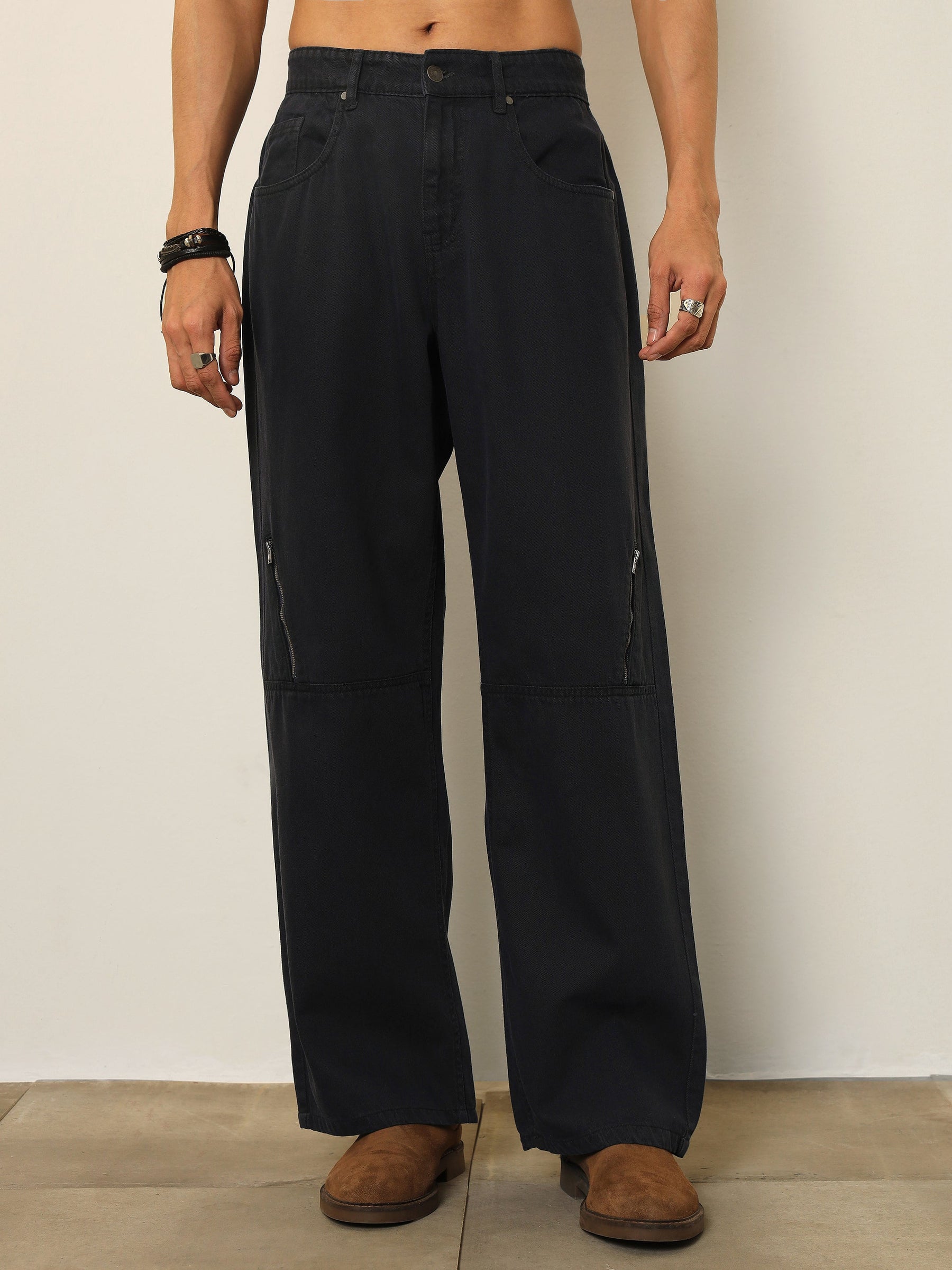 Grey Side Zipper Relax Fit Jeans-MASCLN SASSAFRAS