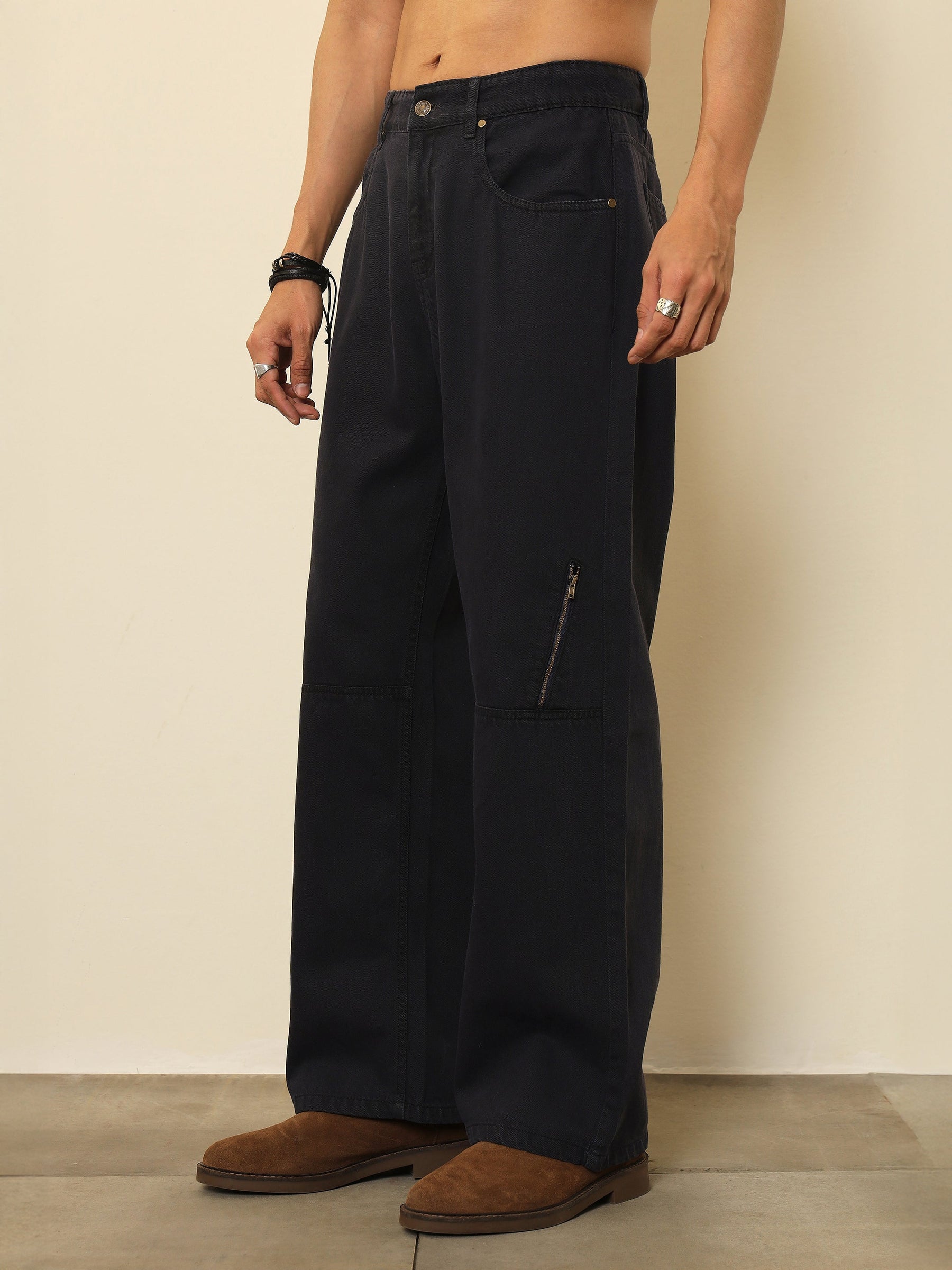 Grey Side Zipper Relax Fit Jeans-MASCLN SASSAFRAS