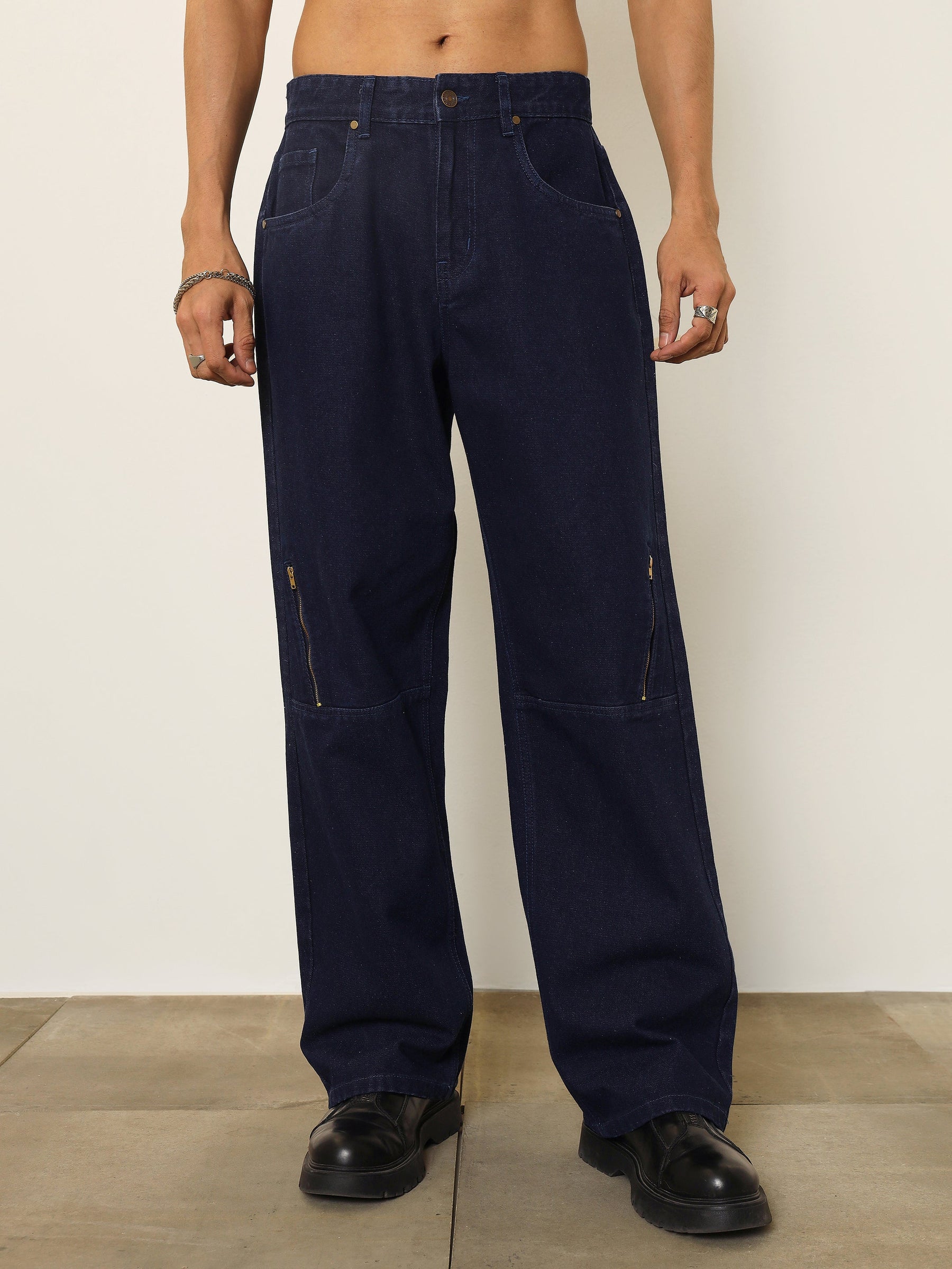 Navy Blue Side Zipper Relax Fit Jeans-MASCLN SASSAFRAS