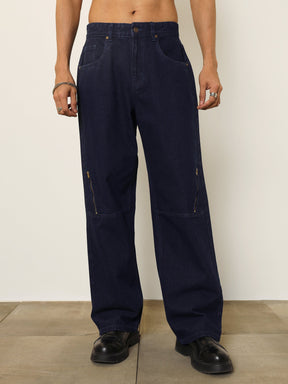 Navy Blue Side Zipper Relax Fit Jeans-MASCLN SASSAFRAS