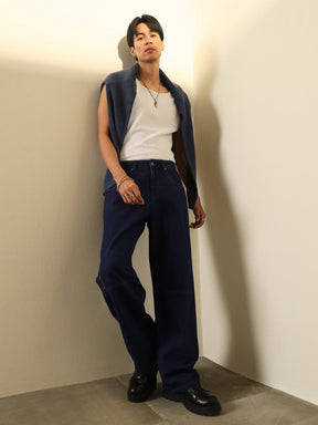 Navy Blue Side Zipper Relax Fit Jeans-MASCLN SASSAFRAS