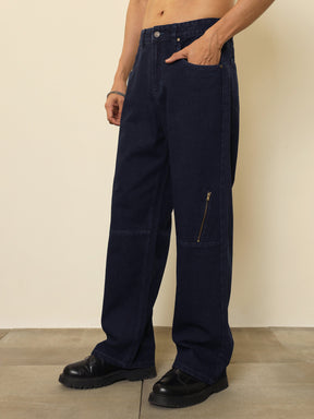 Navy Blue Side Zipper Relax Fit Jeans-MASCLN SASSAFRAS