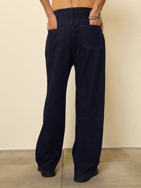 Navy Blue Side Zipper Relax Fit Jeans-MASCLN SASSAFRAS