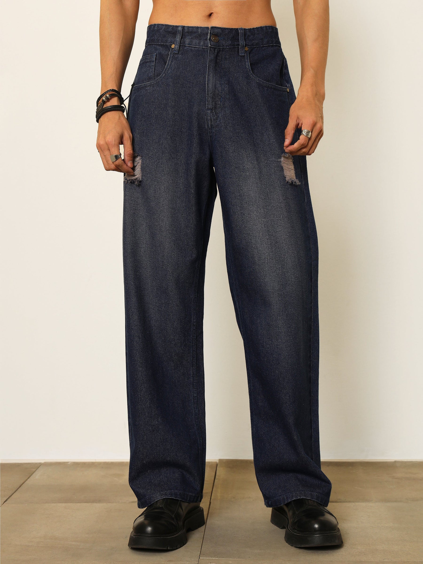 Navy Blue Washed Front Distressed Relax Fit Jeans-MASCLN SASSAFRAS