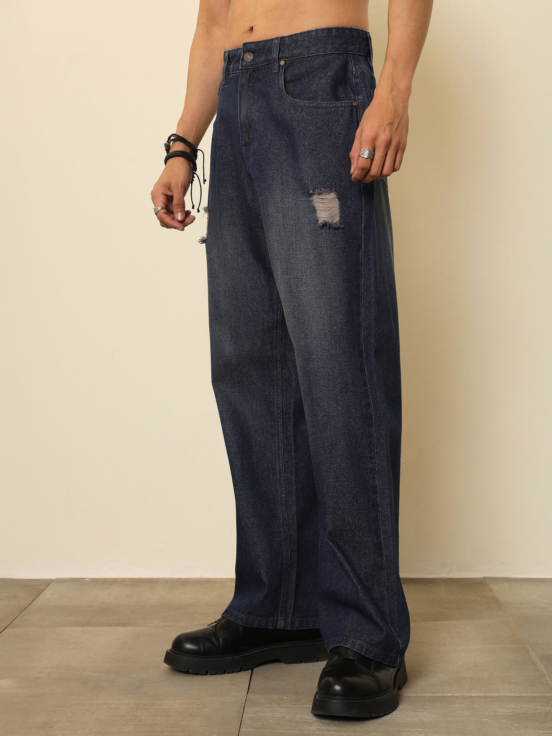 Navy Blue Washed Front Distressed Relax Fit Jeans-MASCLN SASSAFRAS