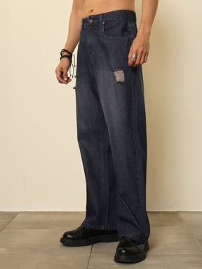 Navy Blue Washed Front Distressed Relax Fit Jeans-MASCLN SASSAFRAS