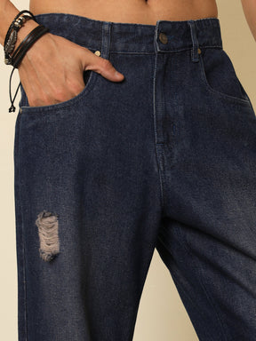 Navy Blue Washed Front Distressed Relax Fit Jeans-MASCLN SASSAFRAS