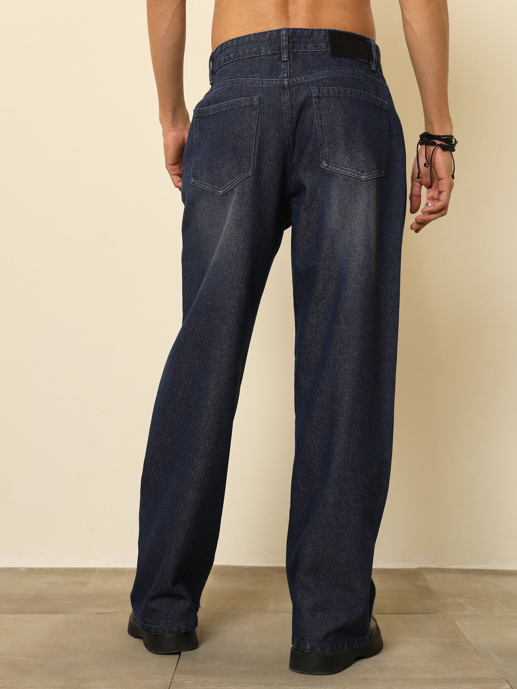Navy Blue Washed Front Distressed Relax Fit Jeans-MASCLN SASSAFRAS