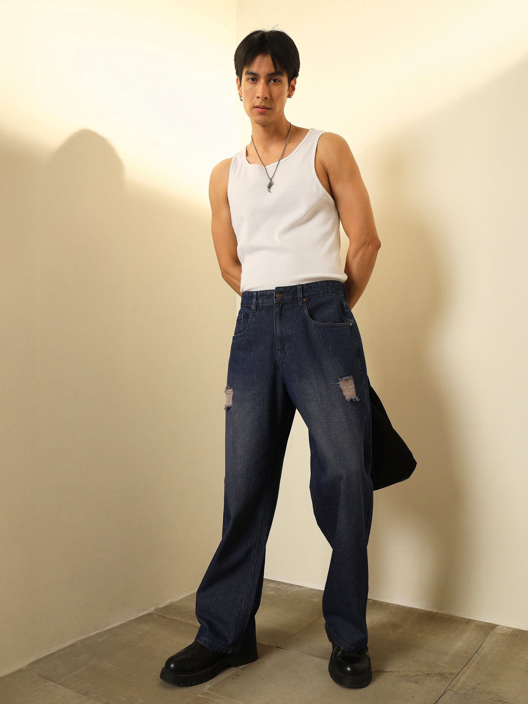 Navy Blue Washed Front Distressed Relax Fit Jeans-MASCLN SASSAFRAS