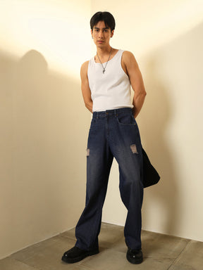 Navy Blue Washed Front Distressed Relax Fit Jeans-MASCLN SASSAFRAS