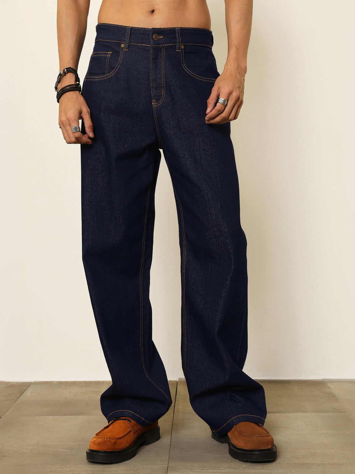 Navy Blue Basic Relax Fit Jeans-MASCLN SASSAFRAS